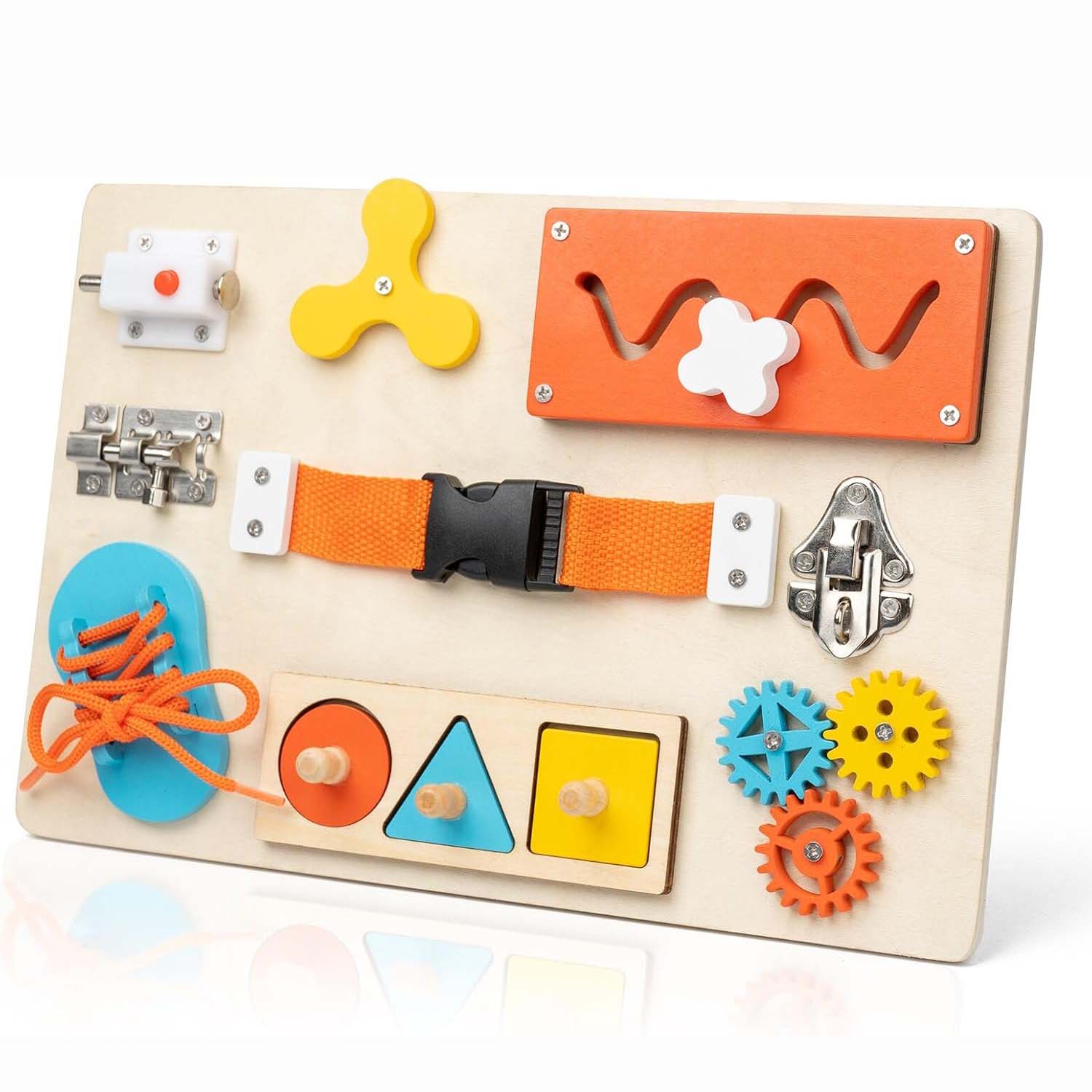 Montessori Wooden Busy Board Toddler - モンテッソーリ ビジーボード 幼児用 木製アクティビティ感覚ボード 微細運動能力向上 旅行用