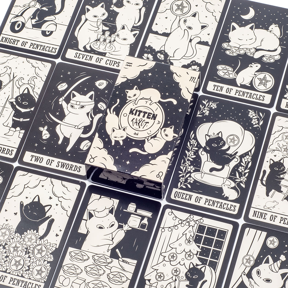 子猫タロットデッキ ​​78 個かわいい黒と白初心者バージョ - Tarot Cards Deck With Guidebook のレビューと価格