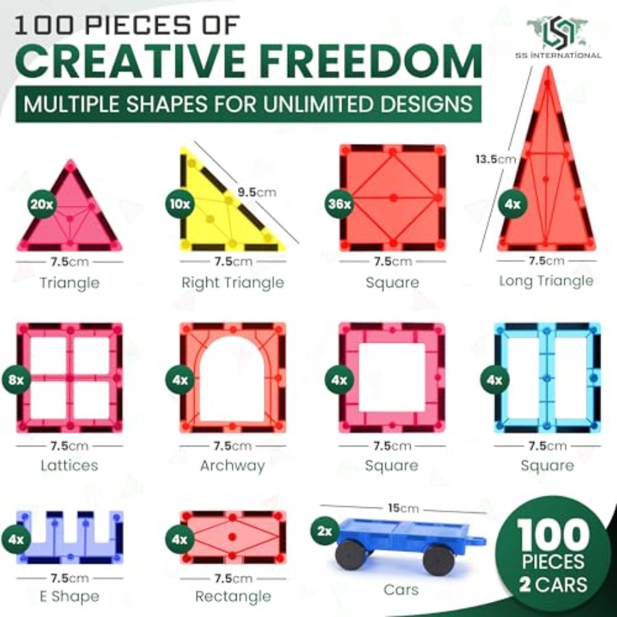 磁気タイル組み立てセット 100ピース 2台の車付き STE - Magnetic Building Tiles Set 100Pcs のレビューと価格